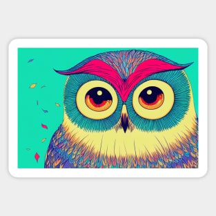 Colorful Owl Portrait Illustration - Bright Vibrant Colors Bohemian Style Feathers Psychedelic Bird Animal Rainbow Colored Art Sticker